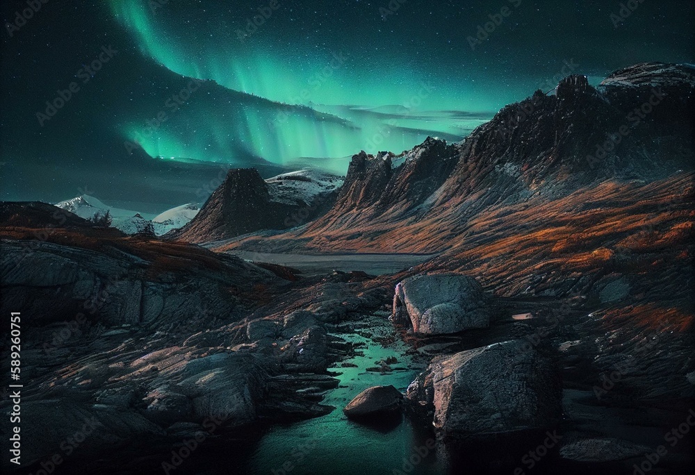 Green Aurora Lights over Rugged Landscape. Beautiful Northern Lights Background with copy-space. Generative AI
