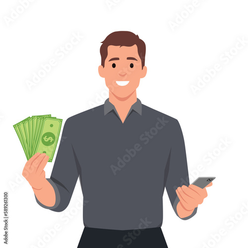 Smiling man holding smartphone and money excited with online lottery victory. Happy guy win cash on internet using cellphone. Working distant from mobile phone