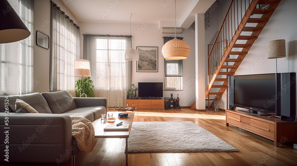 Fototapeta premium Living room interior design with steps and sofa, generative ai