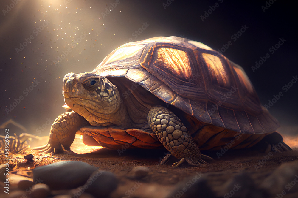 A stunning illustration of a tortoise resting on a warm surface, with the sun shining down on its shell, generative ai