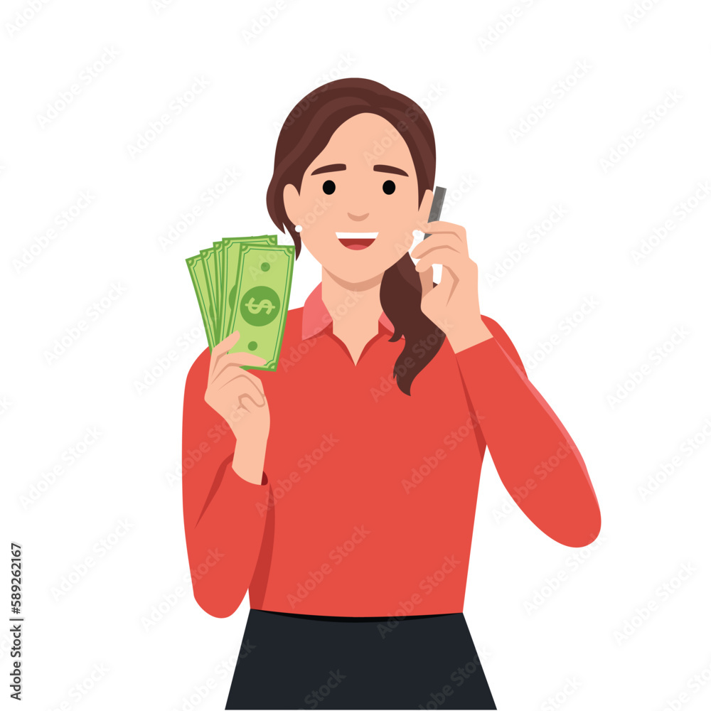 Woman holding smartphone and dollars she is calling someone on phone with happy face Woman holding smartphone and dollars she is calling someone on phone with happy face
