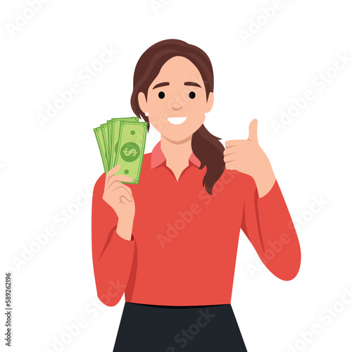 Illustration Featuring a Businesswoman Holding a Couple of Paper Bills and Doing a Thumbs Up