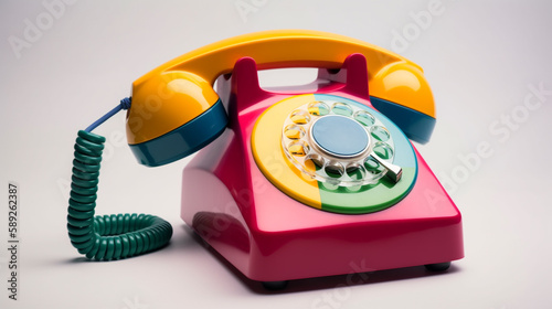 Old telephone on white background, with modern day rainbow colours, Created using generative AI tools., copy space