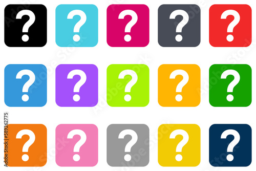 Question mark icon set, flat style square design help symbol with various color, FAQ or query sign vector graphic illustration, colorful buttons for web, app, mobile, label, stamp, sticker.