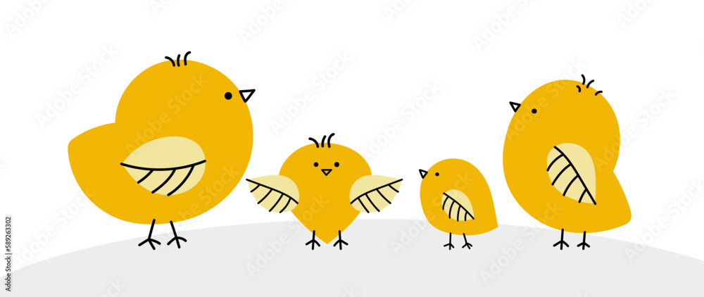 Easter horizontal frame with funny cute chickens, flat vector illustration Easter horizontal frame with funny cute chickens, flat vector illustration
