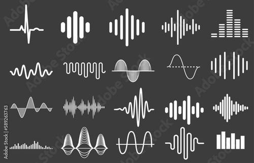 Sound logos. Set of Music, radio, cardio wave white icons, modern vector logo set. 