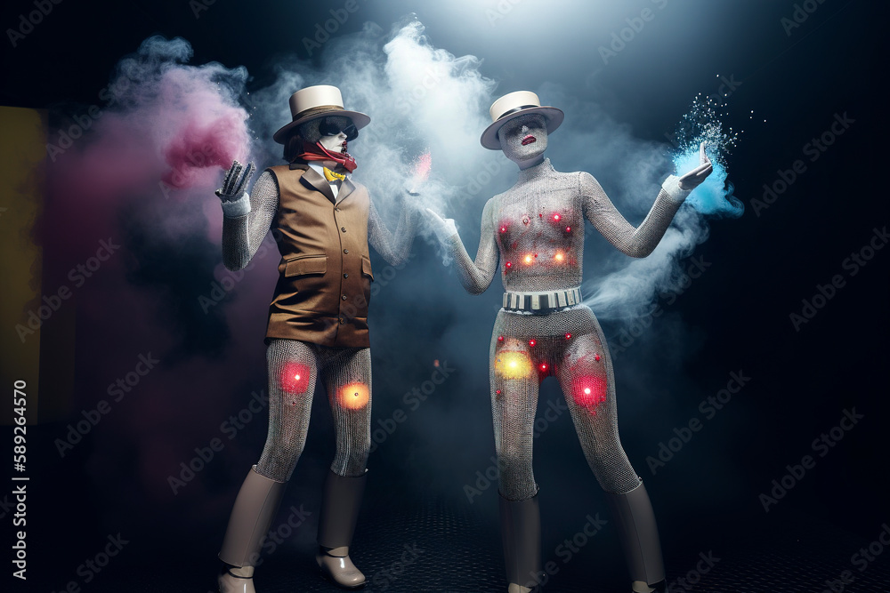 Generative AI illustration of couple of man and woman artificial intelligence semi-human robots in love dressed in latest fashion with hat dancing in a trendy nightclub