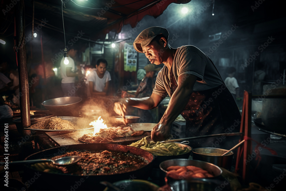 Generative AI illustration of street chef in Bangkok Thailand cooks up a dish for happy customers at the night market Generative AI illustration of street chef in Bangkok Thailand cooks up a dish for happy customers at the night market