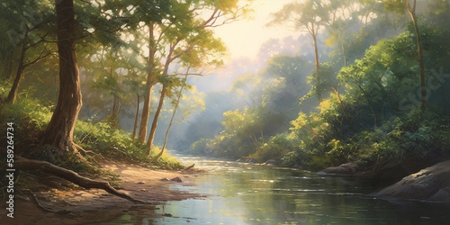 Fotografiet Tranquil River in a Verdant Canyon  Peaceful Watercolor Painting Generative Ai D