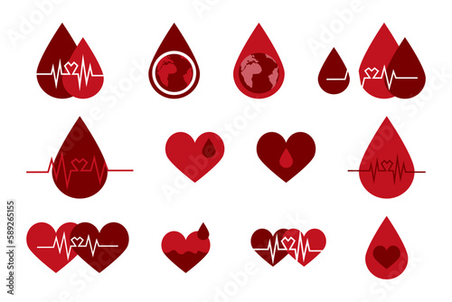 World Hemophilia Day vector illustrations set. Awareness sign symbol for Hemophilia with Earth planet, world map, red blood drop, red heart with heartbeat and pulse line. Blood donor day concept.
