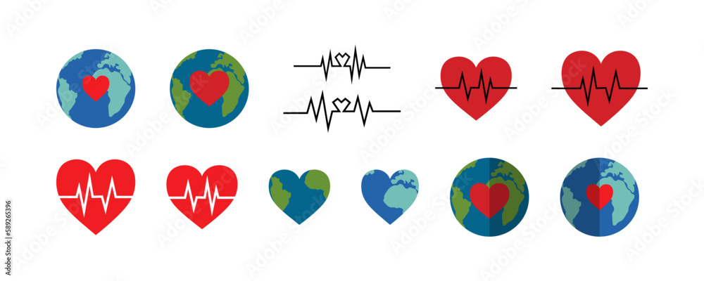 International world health day. Planet Earth in form of heart. Love for Earth planet. Healthy lifestyle, healthcare set, health protection and global medicine. Red heart with pulse line, heartbeat. International world health day. Planet Earth in form of heart. Love for Earth planet. Healthy lifestyle, healthcare set, health protection and global medicine. Red heart with pulse line, heartbeat.