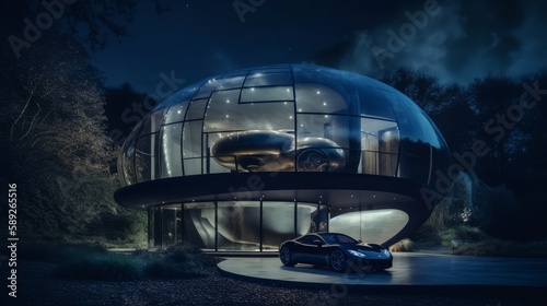 Sky-high luxury  Futuristic home with integrated planetarium   observatory boasting immersive stargazing experience   electric hypercar parked outside  Generative AI