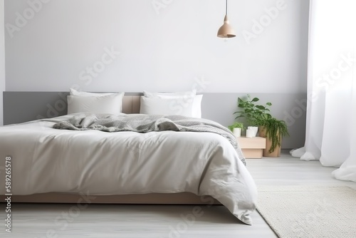 Modern bedroom interior.   Stylish interior of bedroom   bedroom interior mockup  wooden rattan bed on empty wall background  Scandinavian style  3d render   Generative AI
