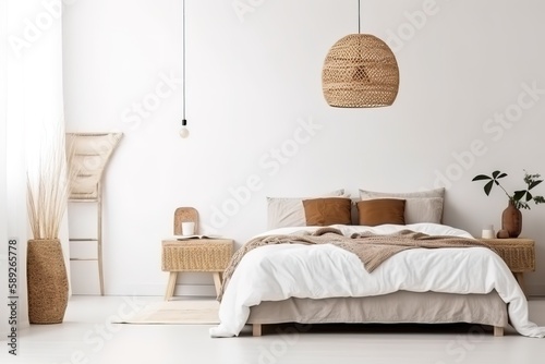 modern bedroom in a apartment with view. 3d rendering   Luxury white master bedroom interior   Bedroom in a minimalist style   Interior view of bedroom   Bedroom interior. 3d render  Generative AI