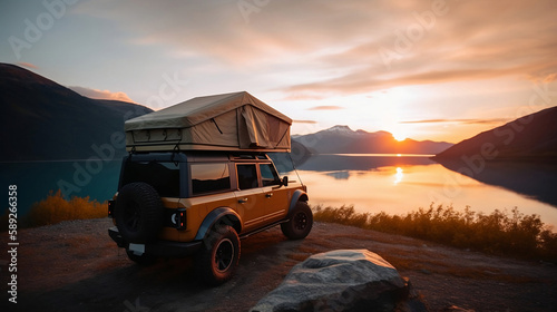 A car for adventures, camping at sunset