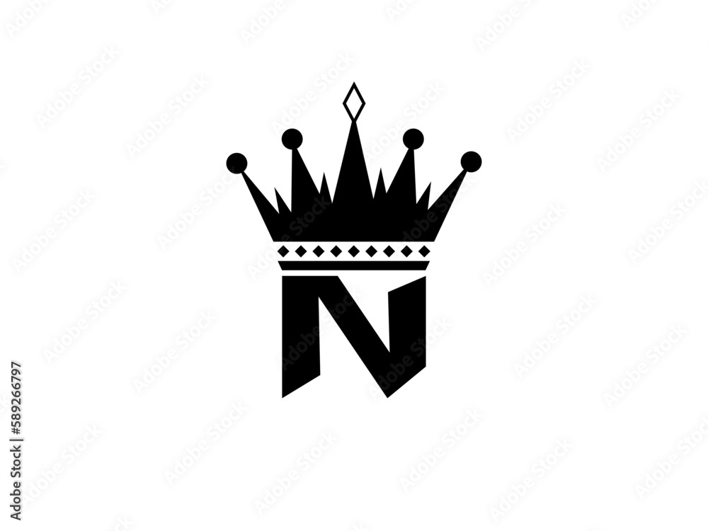 Simple Initial Letter N with Crown Logo. Letter and Crown vector isolated on white Background. Usable for Business, Travel, fashion, and Technology Logos. Flat Vector Logo Design Template Element.