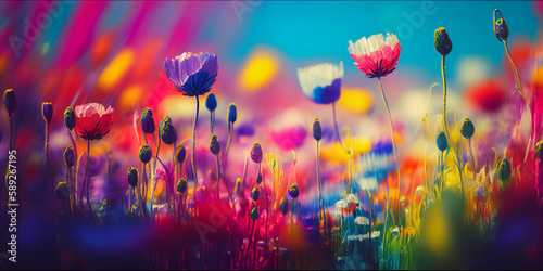 Colorful rainbow painted flower meadow background Generative AI