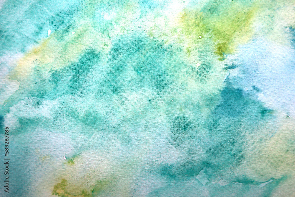Gentle cold colors. Blue and green shades with white highlights. Watercolor wash. Paper texture.
