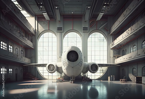 A large room with a large plane in it's center and windows on the side octane renderer a 3d render modular constructivism. Generative AI