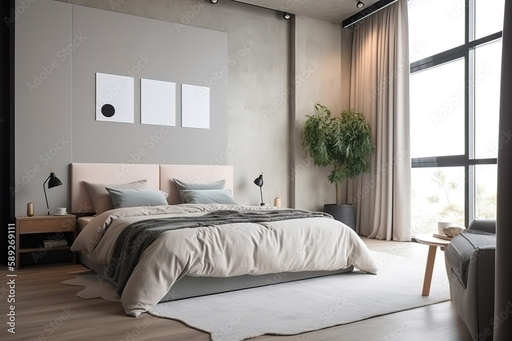 Modern Scandinavian interior of Bedroom ,wood bed and bedside table | Bedroom in a minimalist style | contemporary bedroom | Stylish bedroom interior | Bedroom interior. 3d render, Generative AI