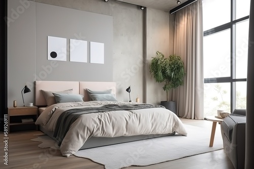 Modern Scandinavian interior of Bedroom  wood bed and bedside table   Bedroom in a minimalist style   contemporary bedroom   Stylish bedroom interior   Bedroom interior. 3d render  Generative AI