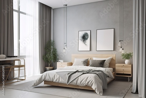 Modern classic bedroom 3d render. The rooms have wooden floors and white walls. Furnished with black wood furniture   Stylish bedroom interior   Bedroom interior. 3d render  Generative AI