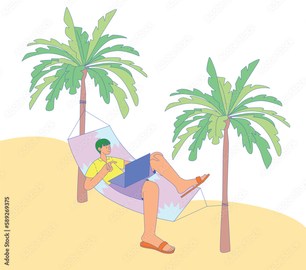 Modern flat vector illustration of a businessman lying on a hammock with a computer between two palm trees. Man freelancer working behind a laptop lying in an exotic country. Remote work on vacation.