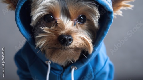 Cute Yorkshire terrier dog in a blue hoodie is looking at the camera. Generative Ai.