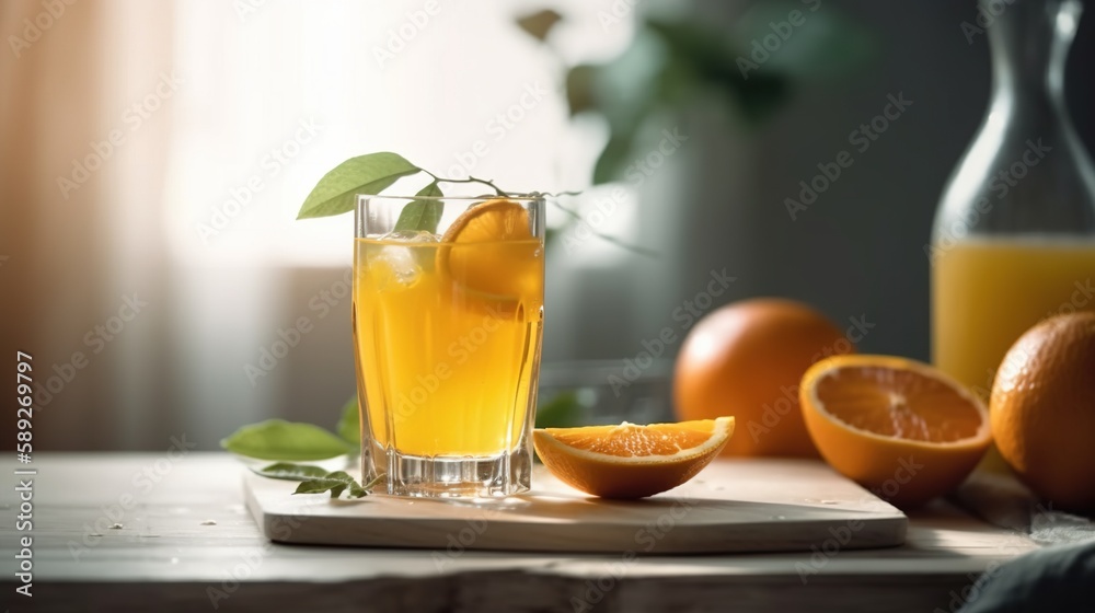 Glass of freshly pressed orange juice with sliced orange Glass of freshly pressed orange juice with sliced orange