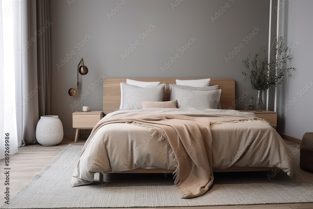 Modern classic bedroom 3d render. The rooms have wooden floors and white walls. Furnished with black wood furniture | Stylish bedroom interior | Bedroom interior. 3d render, Generative AI