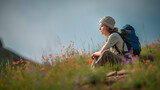 Hiker woman traveler sitting in countryside meadow hill, enjoying the valley landscape view 