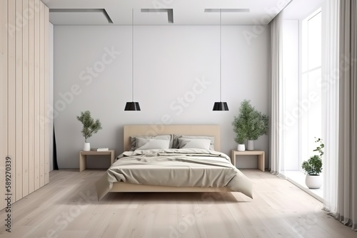 Interior of beautiful modern bedroom   bedroom with bed in front of the wall  3d render   Loft and modern bedroom   Nordic style bedroom   Stylish bedroom interior in trendy  Generative AI