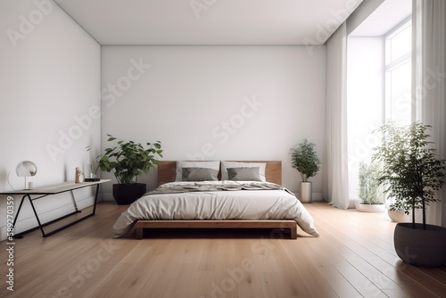 Modern bedroom design Double bed   3d render of luxury hotel room   white bedroom interior for mock-up 3D rendering   Stylish and modern sunny bedroom with plants floral pattern bedding  Generative AI