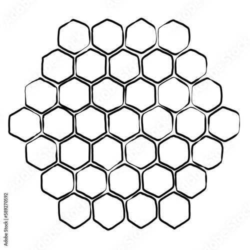 Honey comb. Propolis. Doodle hand drawn honeycomb structure. Honey, pollen, wax, parchment and bee products in sketch style. Stock black and white illustration on a white background.
