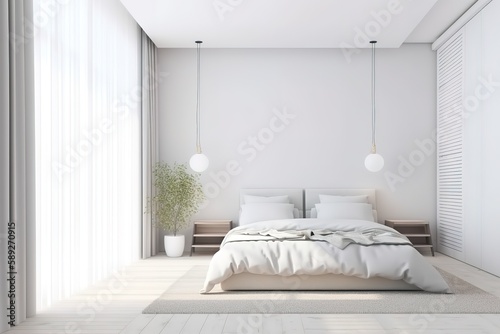 Modern bedroom design Double bed   3d render of luxury hotel room   white bedroom interior for mock-up 3D rendering   Stylish and modern sunny bedroom with plants floral pattern bedding  Generative AI