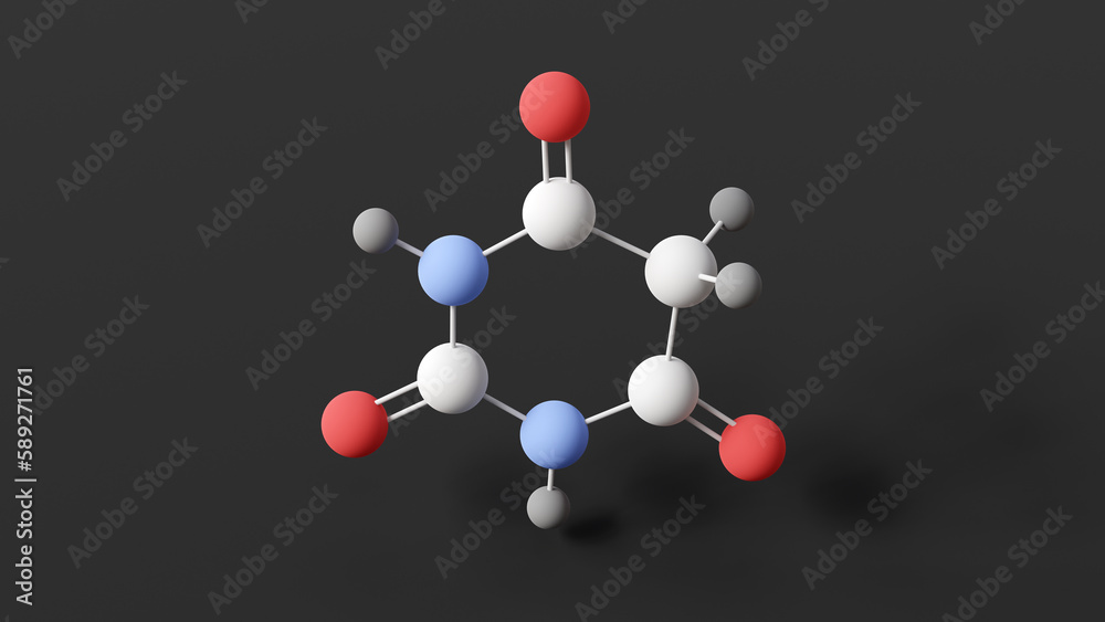 Obraz premium barbituric acid molecule, molecular structure, 6-hydroxyuracil, ball and stick 3d model, structural chemical formula with colored atoms