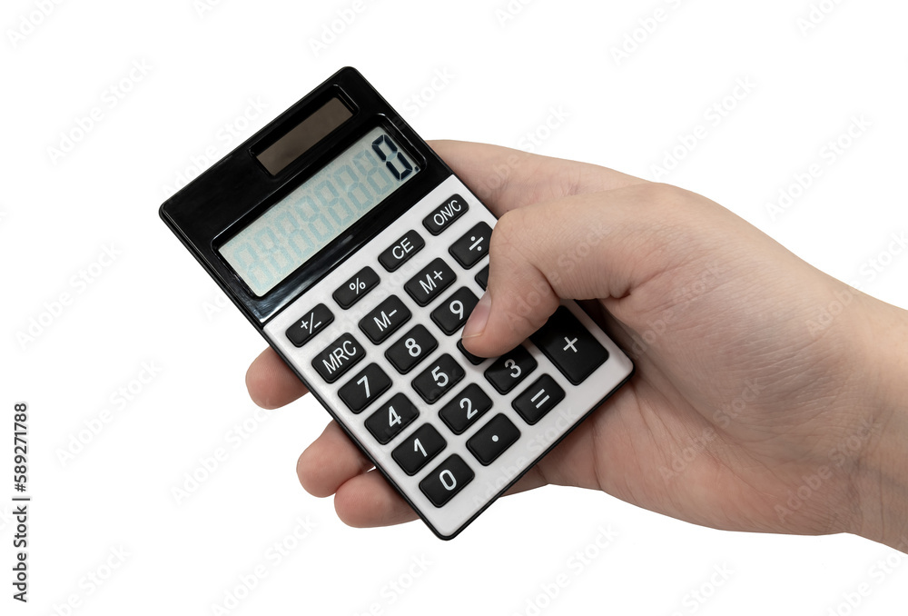 A hand holds a calculator on a white background. Mathematics. Business. Office A hand holds a calculator on a white background. Mathematics. Business. Office