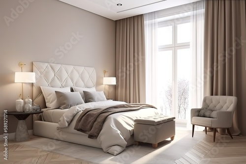Modern contemporary loft bedroom   Luxurious large bedroom   Home interior  Scandinavian style bedroom mock up  3d rendering   Modern bedroom interior with concrete walls  Generative AI