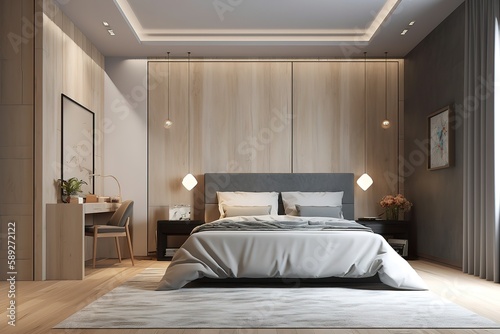 Modern contemporary loft bedroom   Luxurious large bedroom   Home interior, Scandinavian style bedroom mock up, 3d rendering   Modern bedroom interior with concrete walls, Generative AI © Azar