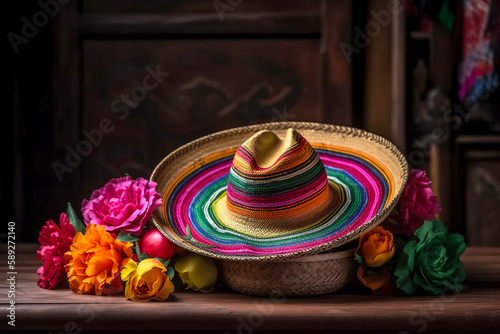 Cinco de Mayo holiday background. Mexican party sombrero hat and flowers on a wooden background. Generative AI illustration © colnihko