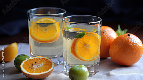 glass of orange flavoured water. orangeade. Generative AI image.