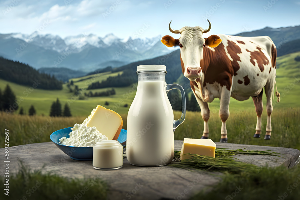 Fototapeta premium Piece of cheese and a bottle of cow's milk and other dairy products in a meadow of the Alpine mountains, cows graze in the distance. Generative AI