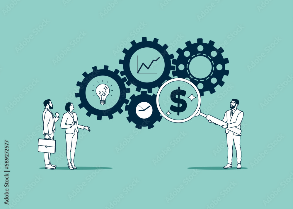 Business people with magnifier dollar money from cog gear production. Modern vector illustration in flat style Business people with magnifier dollar money from cog gear production. Modern vector illustration in flat style