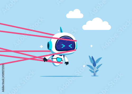 Robot tied up with tape trying to run away. Artificial intelligence technology. Modern vector illustration in flat style