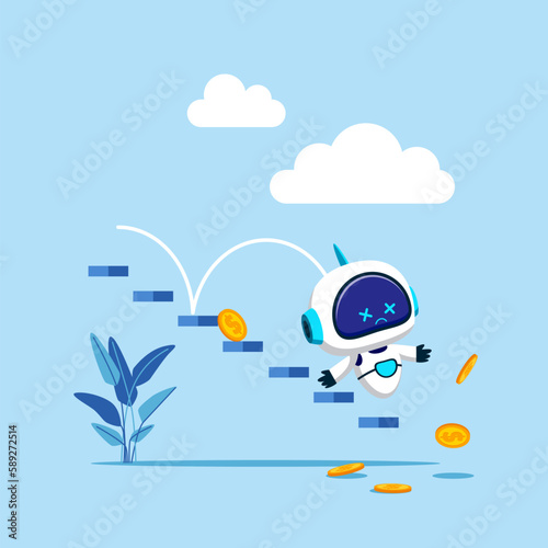 Unsuccessful development artificial intelligence and Bankruptcy. Collapsing robot artificial intelligence. Modern vector illustration in flat style