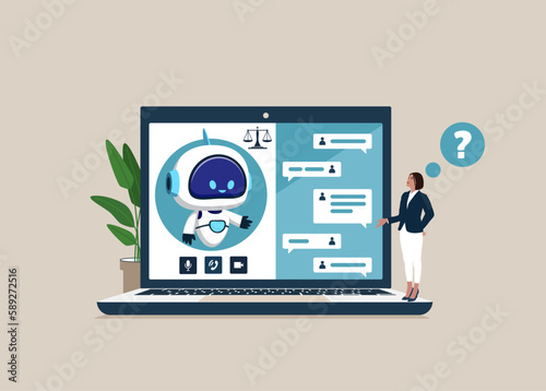 Online legal advice. Businesswoman uses laptop for consulting with  android attorney. Modern vector illustration in flat style