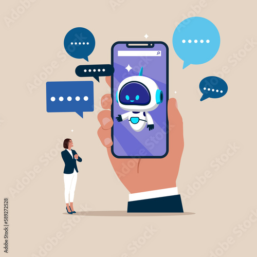 Girl chatting with robot, asking questions and receiving answers. AI assistant support. Modern vector illustration in flat style