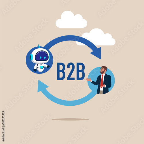 b2b cooperation between businessman and robot. Modern vector illustration in flat style