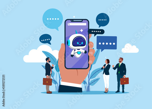 Business people chatting with robot, asking questions and receiving answers. AI assistant support. Modern vector illustration in flat style