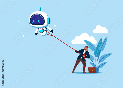 Consumer struggles with robot to get access AI support. Modern vector illustration in flat style
